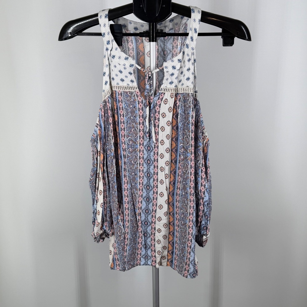 CURE Womens 2XL Boho Paisley‎ Cold Shoulder Top Blue Orange Rayon